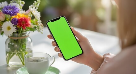 Woman holding smart phone with green screen at her desk with coffee and laptop in bright daylight, perfect for mobile app promo mockups