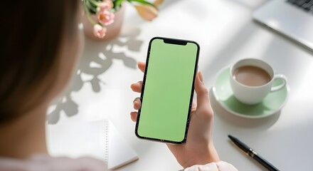Woman holding smart phone with green screen at her desk with coffee and laptop in bright daylight, perfect for mobile app promo mockups