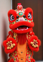 Colorful lion dance costume representing Lunar New Year celebration  