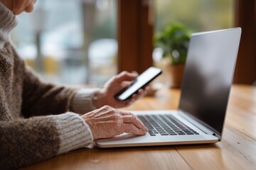 Senior individual using laptop and smartphone, engaged in digital communication, with a cozy indoor setting featuring wooden table and greenery in the background, showcasing modern technology