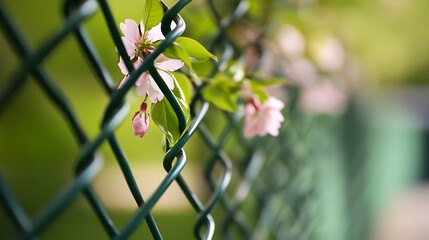 Delicate pink blossoms adorn a green wire fence, blurring the lines between nature and structure.  A gentle reminder of beauty in unexpected places.