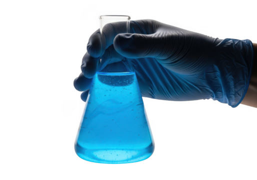 Hand holding erlenmeyer flask filled with glowing blue liquid science laboratory experiment isolated on transparent background