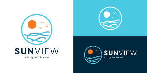 Creative simple sun view logo template. Sun with wave logo design vector illustration.