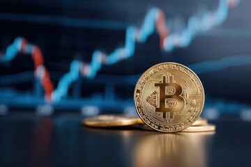 Golden cryptocurrency coins stacked on a dark surface, with a digital financial chart in the background, illustrating the concept of blockchain technology and investment opportunities