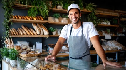 A cheerful baker smiles while leaning against the glass counter showcasing a variety of baked goods in a warm, welcoming shop