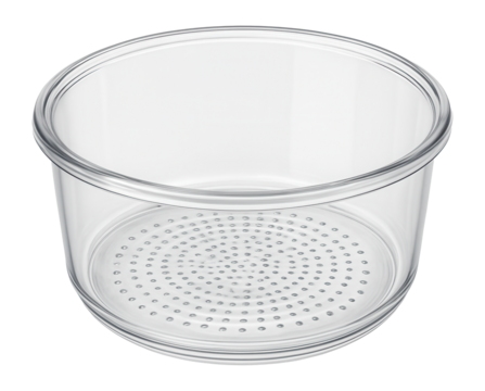 Clear container with perforated base for rinsing and storing vegetables at home.