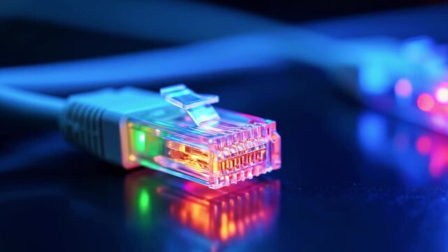 Illuminated network cable closeup with focus on connector, showcasing data transfer