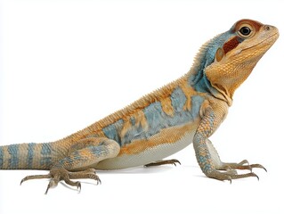 Fototapeta premium A vibrant brown and blue lizard with a distinctive red eye patch stands in profile against a clean white studio background.