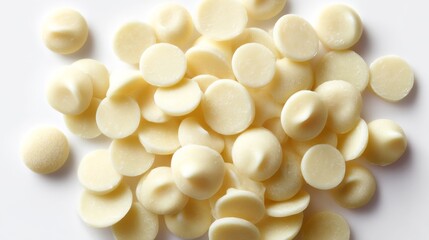 A close-up view of white chocolate chips scattered on a clean surface. These sweet treats are perfect for baking and desserts. Ideal for food photography and culinary design. AI