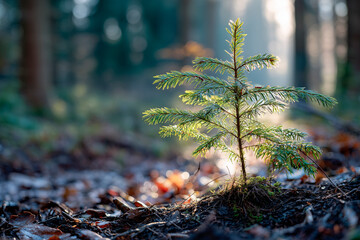 A tiny evergreen seedling stands on forest floor with soft sunlight and blurred background, highlighting fresh growth and natural serenity.