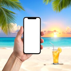 Hand holding a smartphone with blank screen on a tropical beach