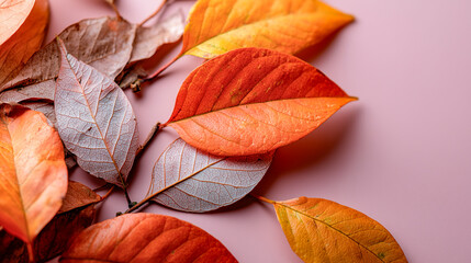 Three delicate autumn leaves rest on a soft pink background, showing vivid veining and gentle shadows.