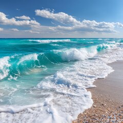 As the sun glistens on the tranquil sea, waves gently embrace the sandy shore, whispering tales of relaxation and adventure. This idyllic coastal paradise invites wanderers to bask in its serene beaut