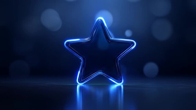 A luminous blue star with a chrome border stands on a reflective surface