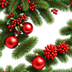 Fototapeta premium Festive holiday greenery border with red ornaments and berries