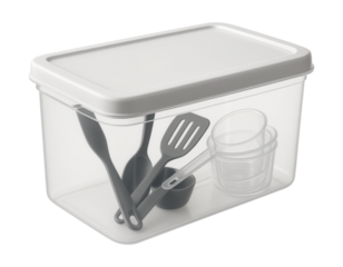 A snap-on lid plastic box for organizing kitchen utensils in the pantry.