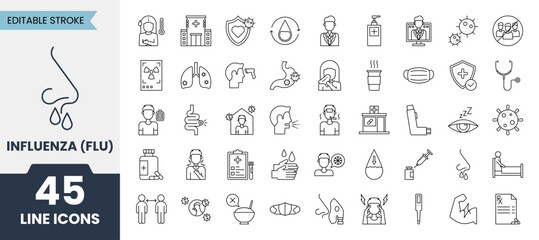 Flu line icons set with editable stroke. Containing nasal, smell, organ, breathe, sneeze, sniff and more. Vector illustration
