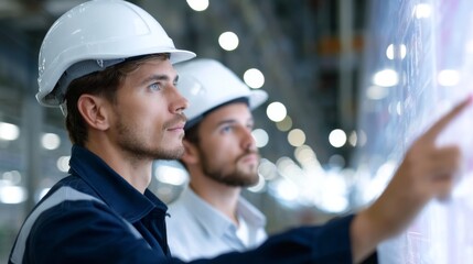 Two engineers examine data on a digital screen inside a modern facility. They wear safety helmets, showing the industrial work setting. Collaboration and technology are key themes. AI