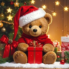 Teddy bear in Santa hat, Christmas scene
