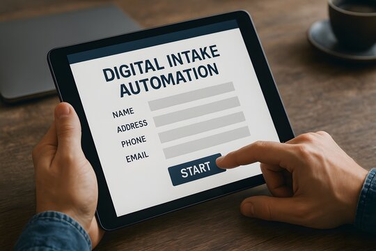 Digital Intake Automation form displayed on tablet screen and hand touching Start. Illustrative concept of digital data processing.