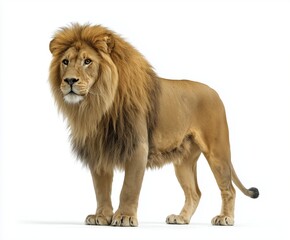 Obraz premium Full body shot of a majestic adult male lion with a golden mane standing on a white background.