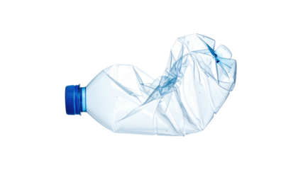 A crushed transparent plastic bottle with a blue cap, against a stark black background