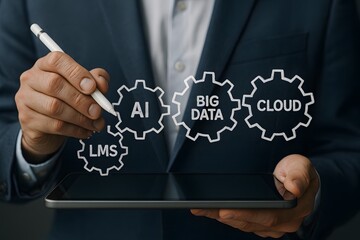 Close-up of a person interacting with technology. Representing digital transformation, data processing and cloud computing.