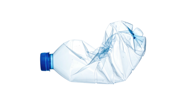 A crushed transparent plastic bottle with a blue cap, against a stark black background