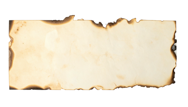 A rectangular piece of paper with charred edges against a black background