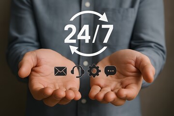 Person holding 24/7 support concept. Concept of customer service available.