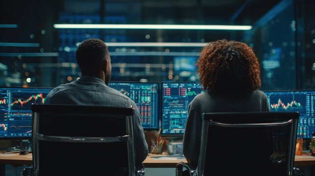 Traders Analyzing Stock Data in Modern Office with Multiple Monitors
