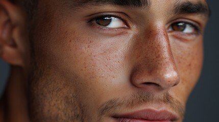 Obraz premium Close-up of a man's face showcasing striking features and expressive eyes