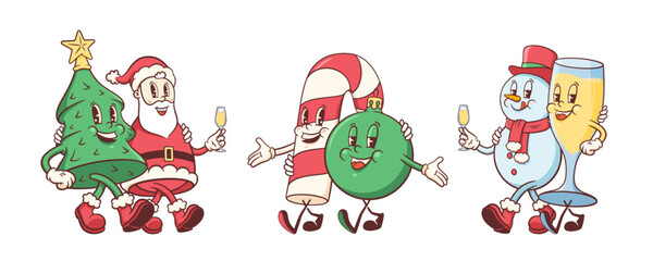 Groovy Christmas Retro Characters Set. Cartoon Santa, Pine Tree, Snowman, Cane and Ball Vector Winter Holiday Xmas Mascot Templates. Happy Vintage Cool New Year Comic Illustrations Collection Isolated