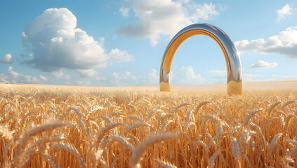 Wheat field with futuristic metallic arch under blue sky