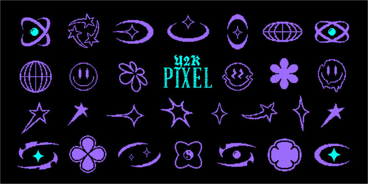 Pixel y2k retro icons set. Abstract vector elements in vaporwave acid style. Geometric sticker shapes in pixel art style. Digital brutalist techno glitch bitmap symbols collection. Isolated