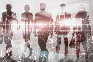 Business process automation concept with mechanical gears and digital icons on abstract blue background