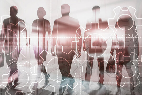 Business process automation concept with mechanical gears and digital icons on abstract blue background - Powered by Adobe