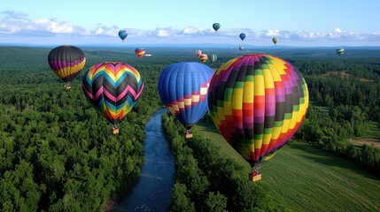 Fototapeta premium Colorful Hot Air Balloons Over Lush Green Landscape