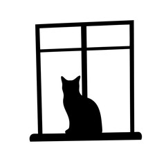 A black cat silhouette sitting on a window sill looking out