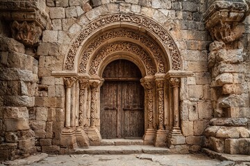 Ancient Romanesque portal, church or monastery with rich stone carving, medieval architectural entrance with columns and arches, historic landmark