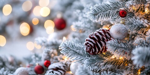 Macro shot of a frosted Christmas tree with pine cones and red-white Christmas baubles against a golden bokeh light background for a winter card