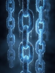 Iced links of a metal chain in blue light on a dark background symbolizing protection security and strength