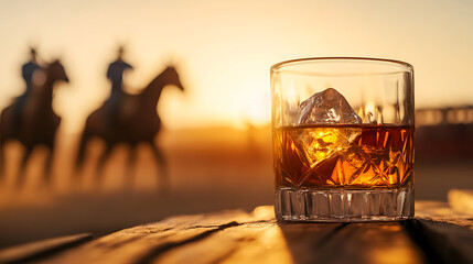 Relaxing with a drink as riders pass by. The rich tones of the beverage complement the warmth of the setting sun over the equestrian figures. Serene.