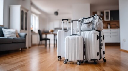 A set of neatly arranged white luggage stands ready for travel in a spacious, well-lit living area with a cozy atmosphere