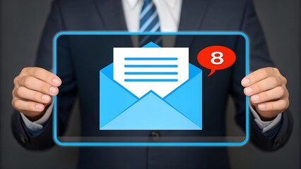 Businessman holding tablet with email notification inbox alert symbol on screen