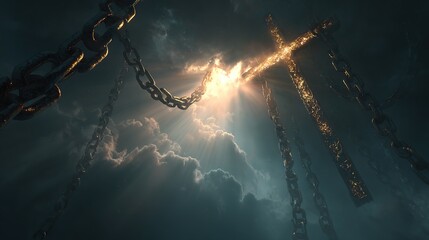Christian golden cross brightly glowing in the sky, breaking through storm clouds with rays of light and surrounded by massive dark chains, symbolizing faith, power and liberation