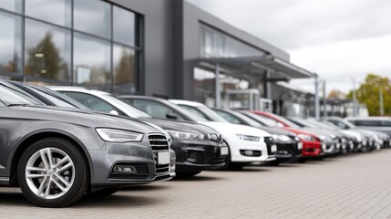 A wide selection of new cars is lined up at a dealership, featuring different colors and models against a cloudy sky backdrop.