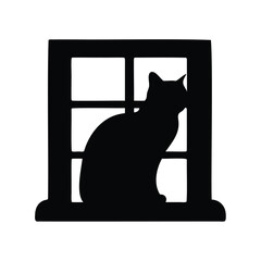 Black Cat Silhouette Looking Out Window Frame Against White Background Image