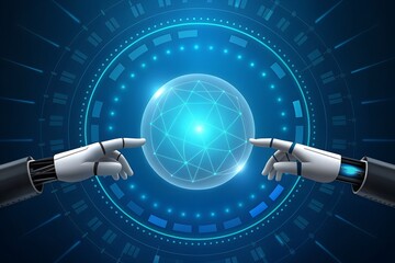 Robot hands interacting with digital globe artificial intelligence and connection technology