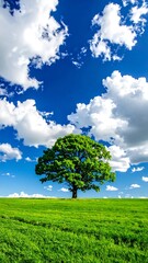 Solitary tree in vibrant green field under a partly cloudy blue sky